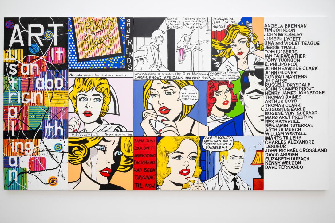 Richard Bell's (Kamilaroi/Kooma/Jiman/Gurang Gurang people / Australia QLD b.1953) Bell's Theorem (Trikky Dikky and friends) 2005, installed for 'Something Borrowed', GOMA, July 2025 / Synthetic polymer paint on canvas / The James C. Sourris AM Collection. Gift of James C. Sourris through the Queensland Art Gallery Foundation 2007. Donated through the Australian Government's Cultural Gifts Program / © Richard Bell / Photograph: J Ruckli, QAGOMA