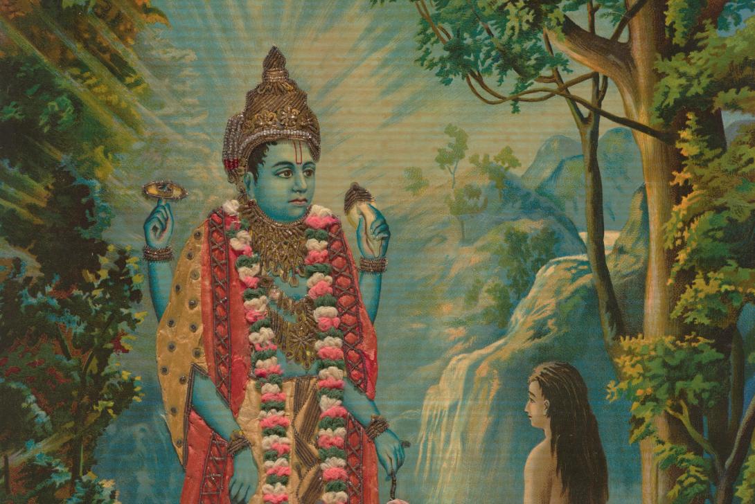 A detail view of an oleograph that depicts Vishu appearing to Dhruva, an ascetic devotee of Vishnu. Dhruva is seated against the backdrop of cliffs and forest, under a large tree that forms the right hand side of the image, looking towards Vishnu. Vishnu appears proportionally larger than Dhruva, and is adorned with zardosi fabric with yellow and red garment, and pink, white and grey garland. 