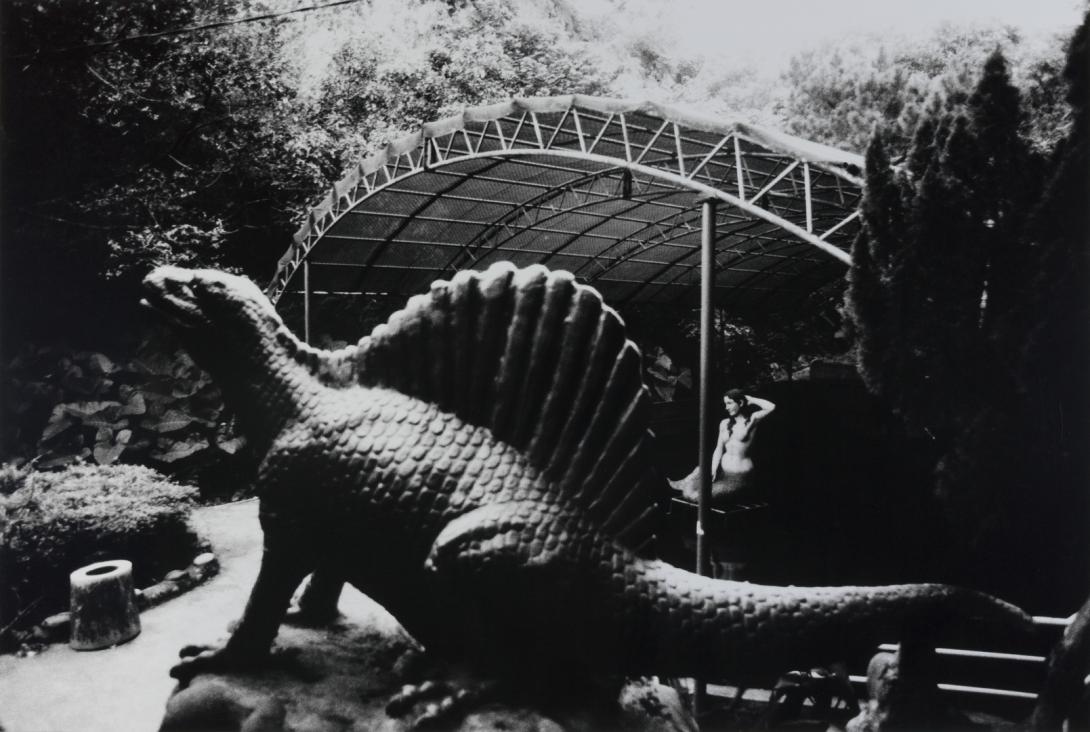 A black-and-white photograph of a shabby-looking dinosaur statue installed in a garden space