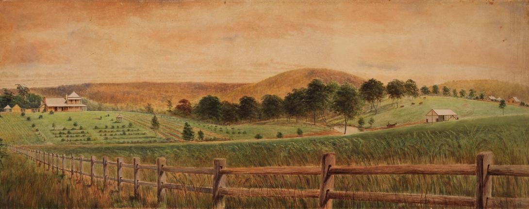 Artwork Farm landscape with colonial homestead this artwork made of Watercolour over pencil on wove paper on cardboard, created in 1888-01-01