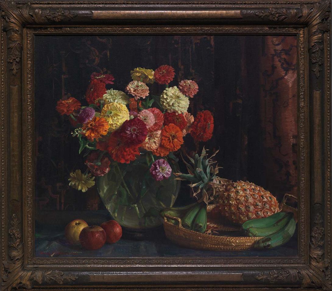 Artwork Zinnias and fruit this artwork made of Oil on canvas, created in 1932-01-01