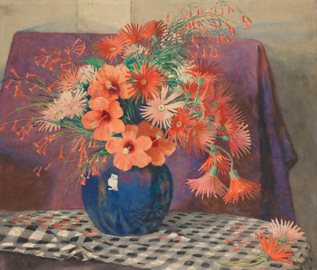 Artwork Hibiscus, gerbera and russelia this artwork made of Watercolour over pencil on wove paper, created in 1936-01-01