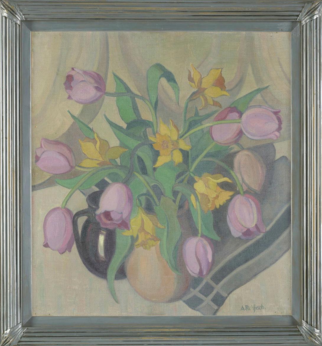 Artwork Tulips and daffodils this artwork made of Oil on canvas on composition board, created in 1932-01-01
