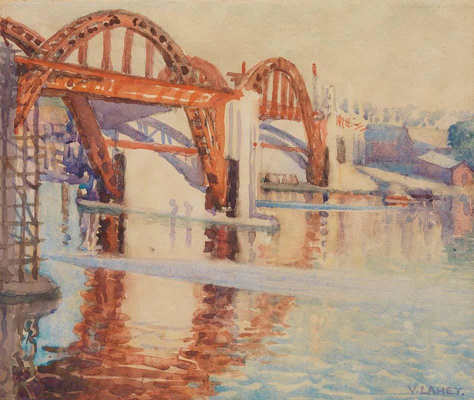 Artwork Building the bridge this artwork made of Watercolour and gouache over pencil on wove paper on cardboard, created in 1931-01-01