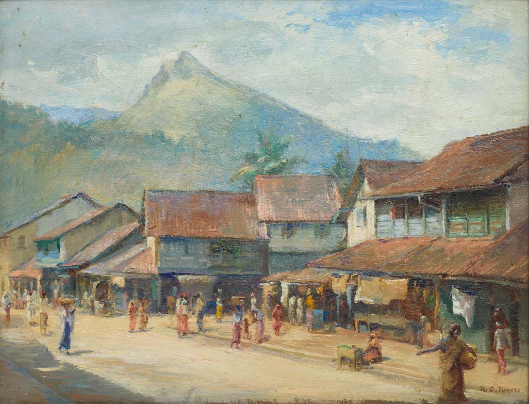 Artwork A street scene, Kandy, Ceylon this artwork made of Oil on canvas on composition board, created in 1909-01-01