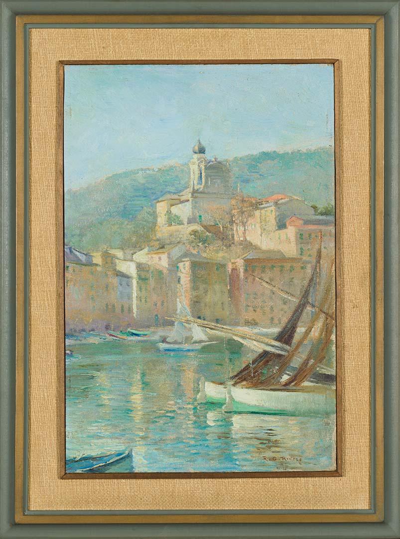 Artwork Evening scene, Rapallo, Italian Riviera this artwork made of Oil on canvas on composition board on wood, created in 1908-01-01