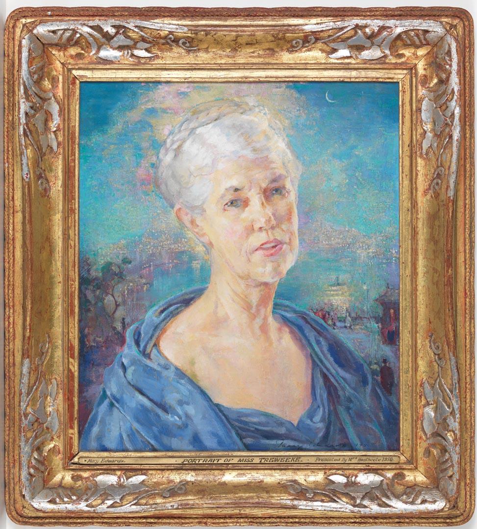Artwork Portrait of Miss Treweeke this artwork made of Oil on canvas in a frame designed and made by the artist, created in 1950-01-01