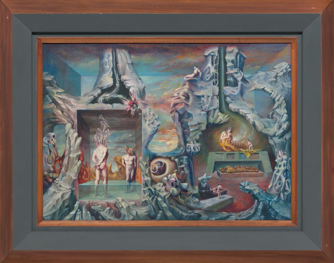 Artwork The perilous room this artwork made of Oil on canvas on composition board, created in 1945-01-01