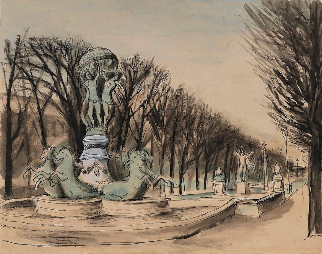 Artwork Jardin du Luxembourg, Paris this artwork made of Watercolour, gouache, pen and ink on paperboard, created in 1950-01-01