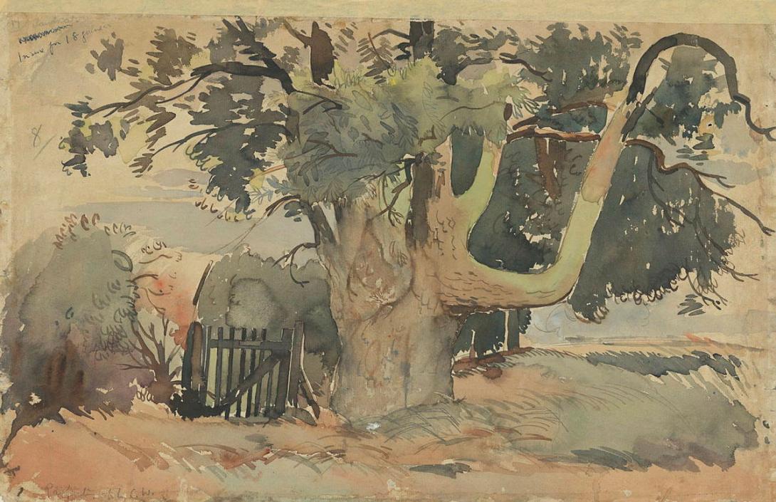 Artwork (Landscape with tree and gate) this artwork made of Watercolour on paper