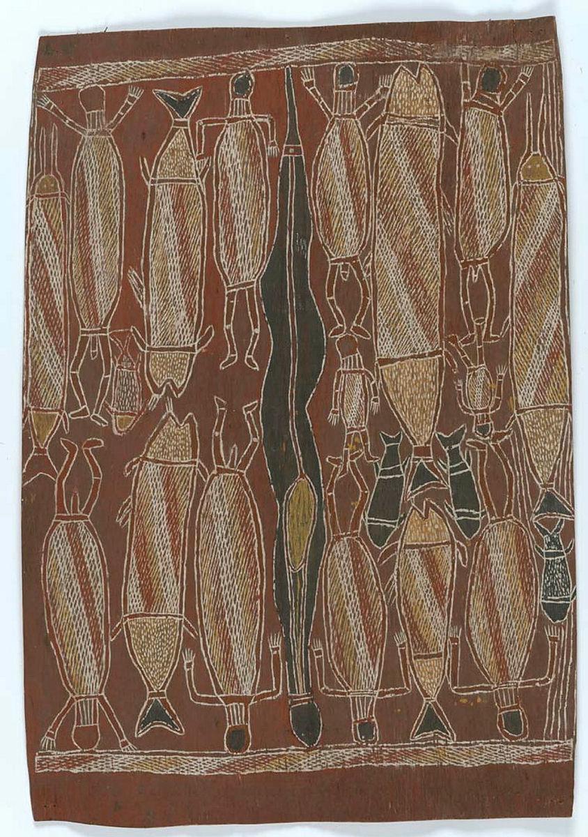 Artwork Driving the fish this artwork made of Natural pigments on bark, created in 1945-01-01