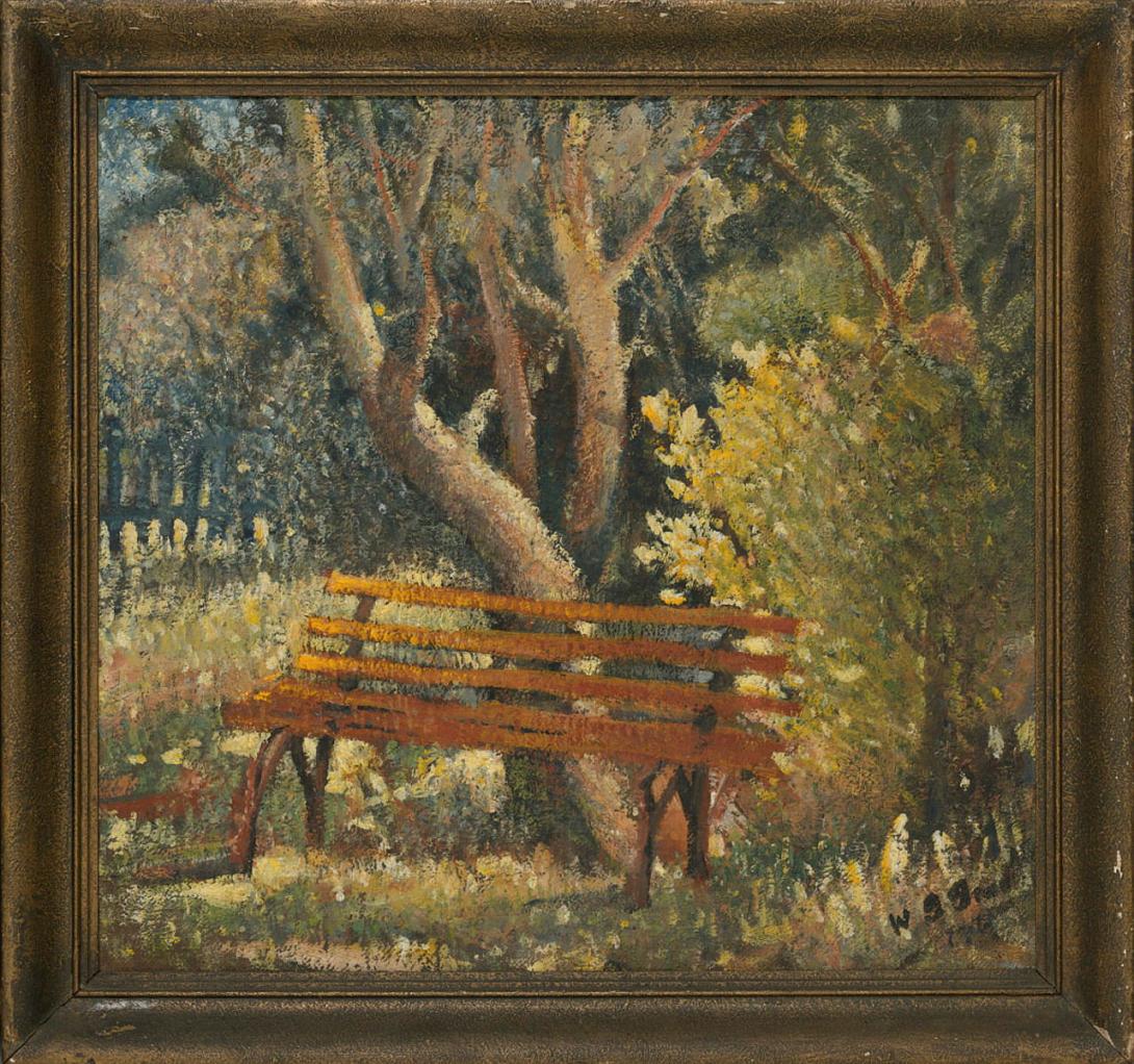 Artwork The garden seat this artwork made of Oil on canvas on composition board