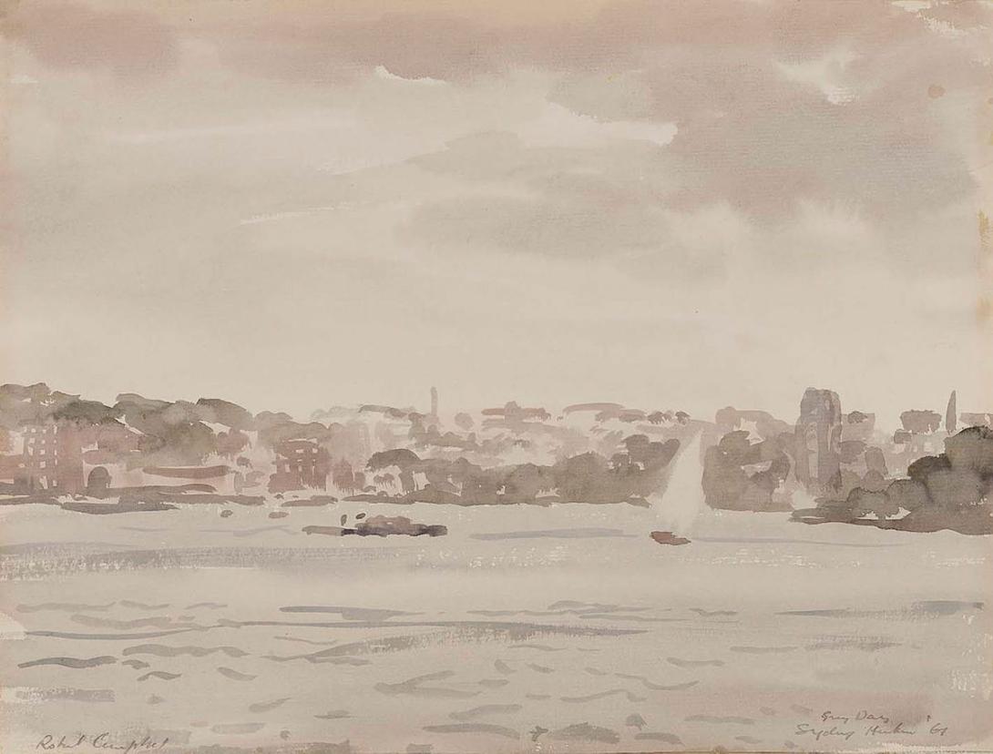 Artwork Grey day, Sydney Harbour this artwork made of Watercolour on wove paper, created in 1961-01-01