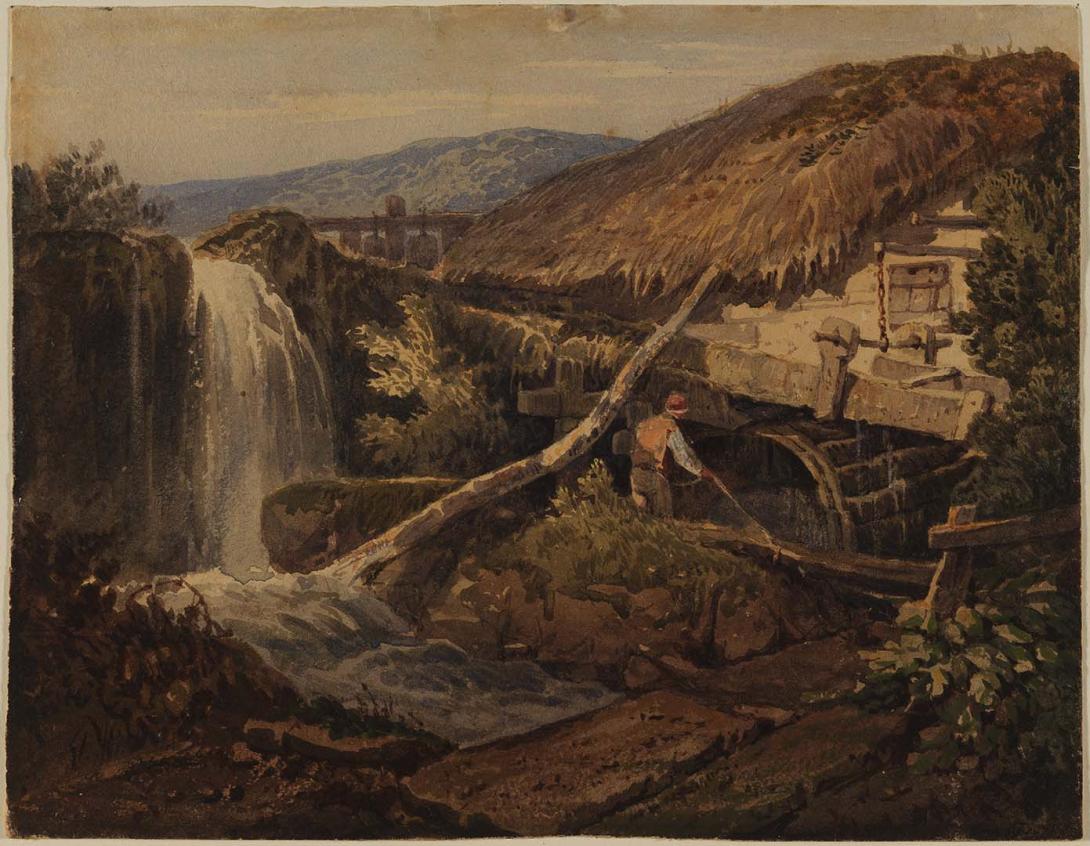 Artwork (Rustic scene with mill water-wheel) this artwork made of Watercolour on wove paper, created in 1865-01-01