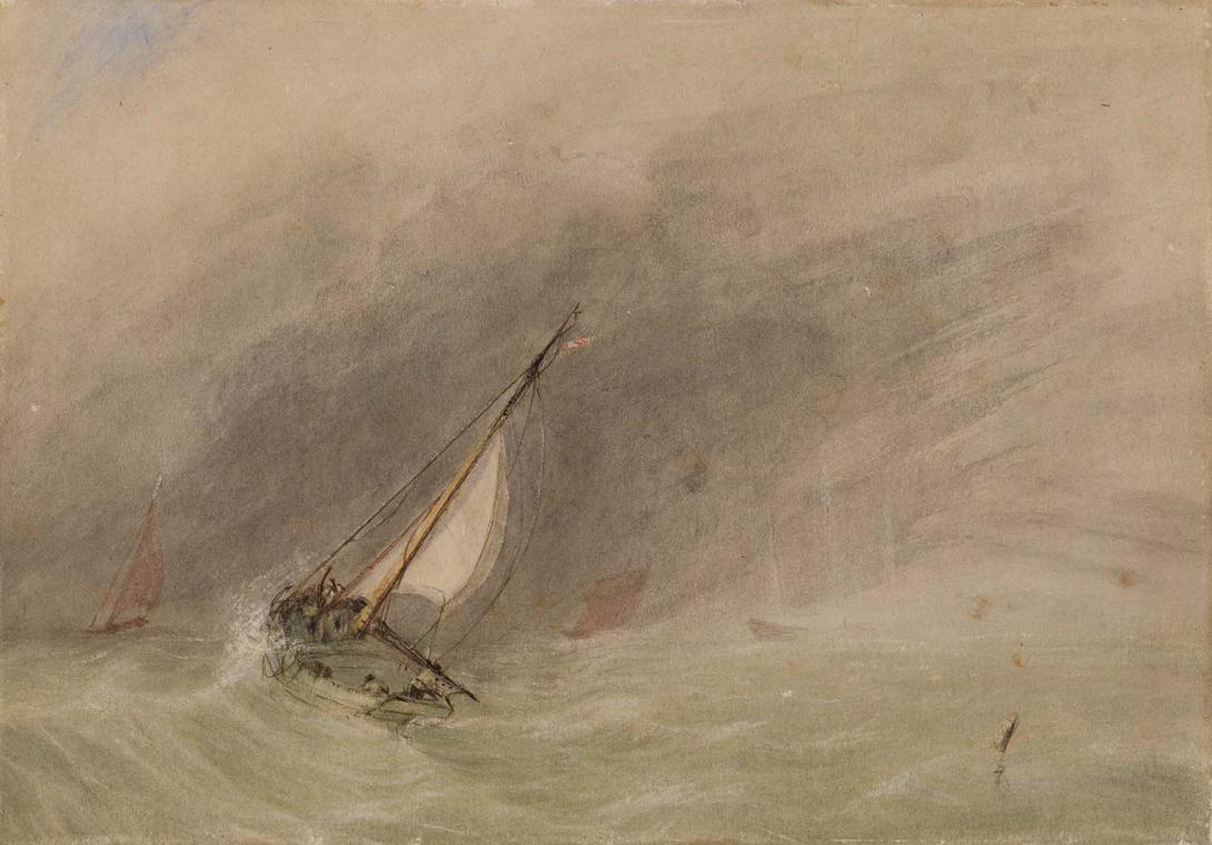 Artwork Untitled (yachting in stormy weather) this artwork made of Watercolour over pencil on thin wove watercolour paper, created in 1864-01-01