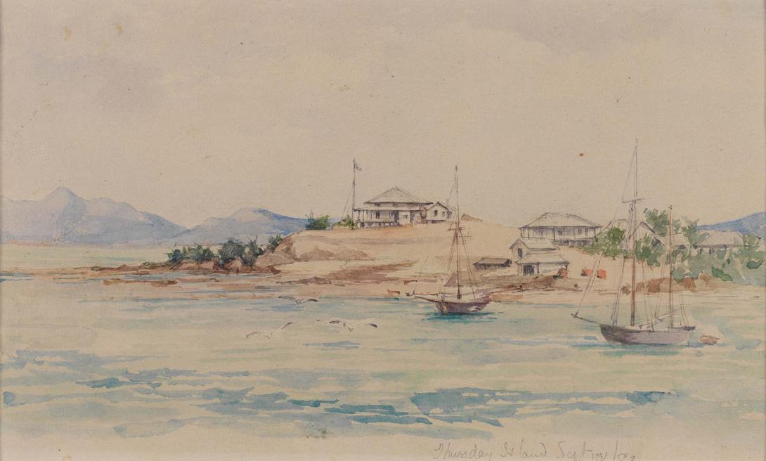 Artwork Thursday Island this artwork made of Watercolour over pencil on wove paper, created in 1883-01-01