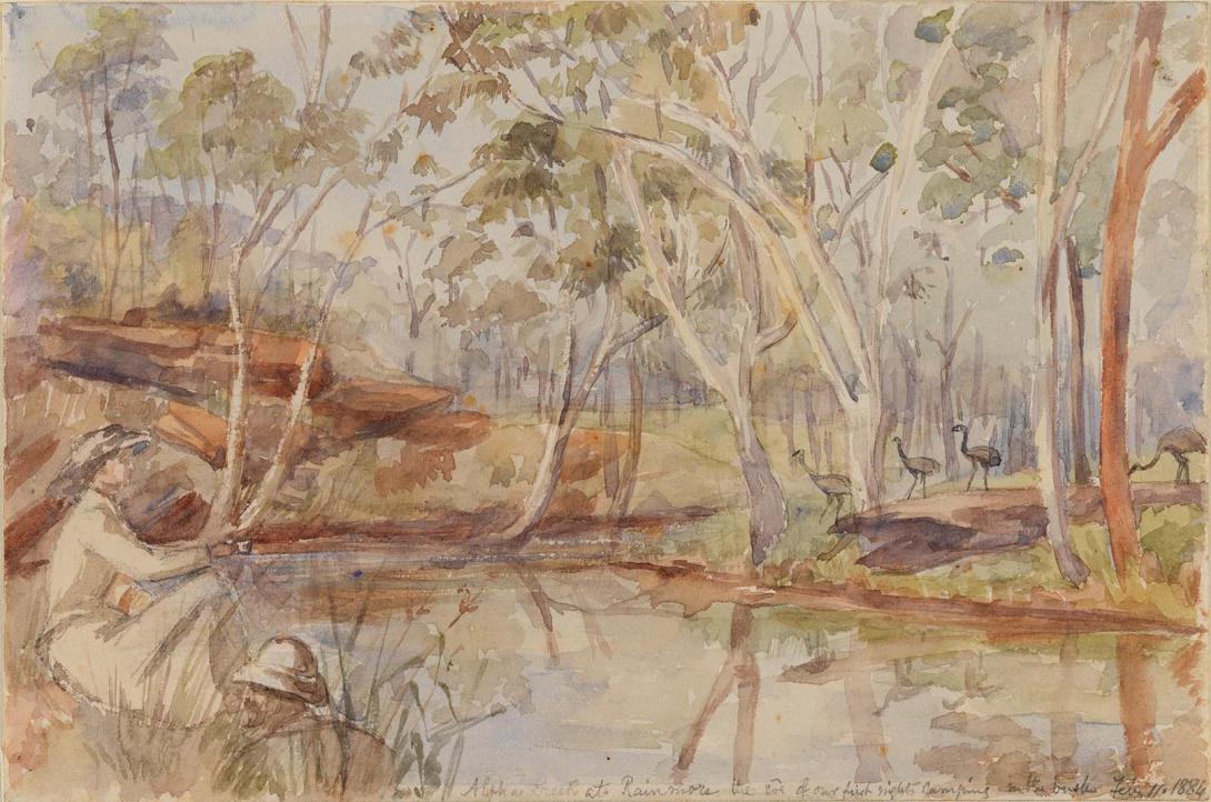 Artwork Alpha Creek at Rainmore, the eve of our first night's camping in the bush this artwork made of Watercolour over pencil on wove paper, created in 1884-01-01