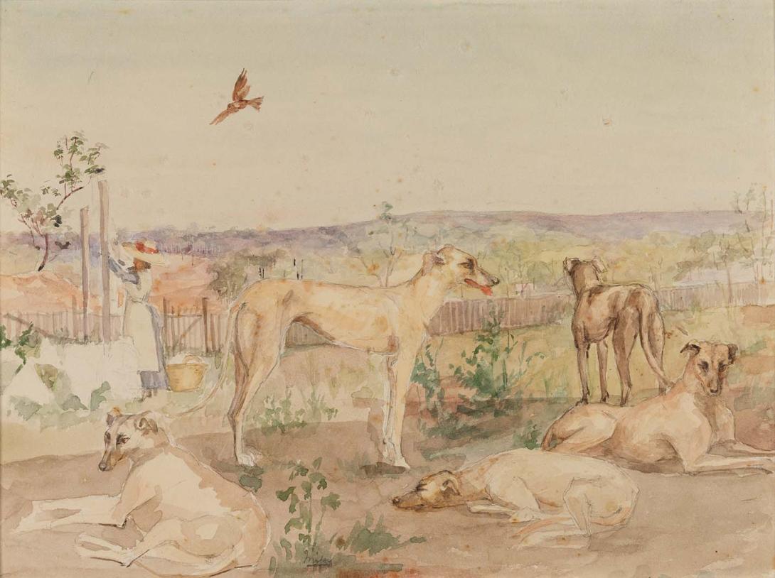 Artwork The compound, Alpha, from Kunie's bedroom verandah this artwork made of Watercolour over pencil on wove paper, created in 1884-01-01
