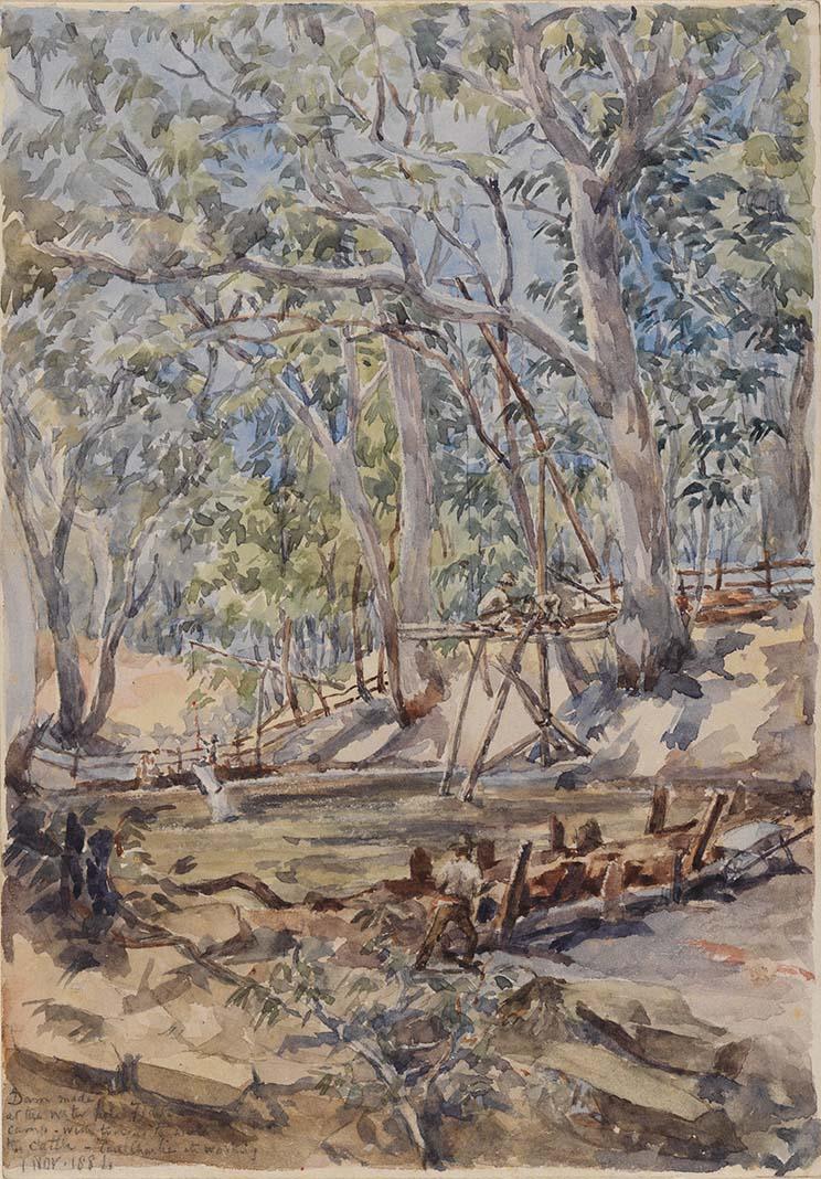 Artwork Dam at the water hole this artwork made of Watercolour over pencil on wove paper, created in 1884-01-01