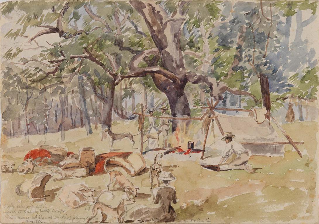Artwork Brumby Jack's camp, Rainmore this artwork made of Watercolour over pencil on wove paper, created in 1884-01-01