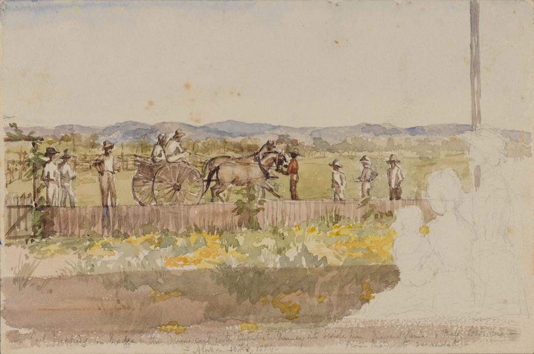 Artwork Carl breaking in Madge in the spring cart (unfinished) this artwork made of Watercolour over pencil on wove paper, created in 1884-01-01