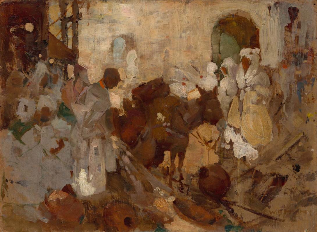 Artwork Market scene, Morocco this artwork made of Oil on canvas board laid down on wood, created in 1909-01-01