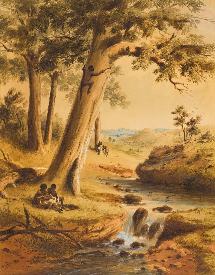 Artwork Landscape with Aborigines this artwork made of Watercolour on wove paper, created in 1866-01-01