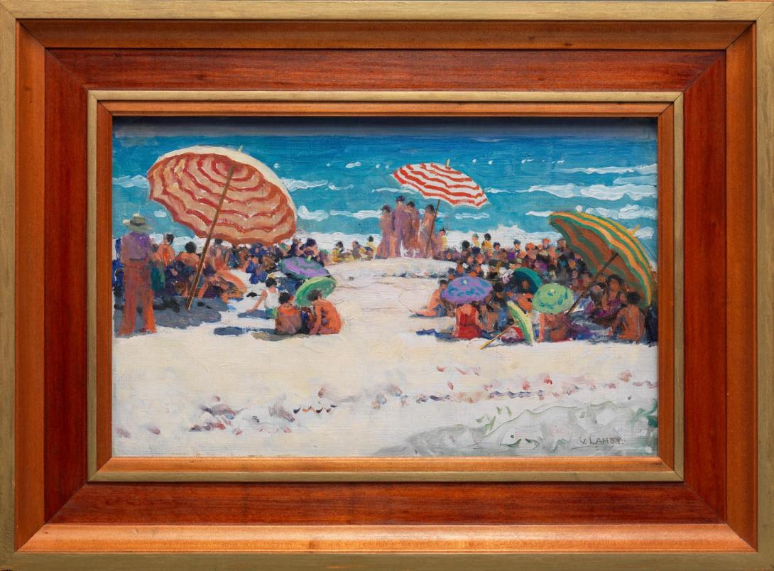 Artwork Beach umbrellas this artwork made of Oil on canvas on composition board, created in 1933-01-01