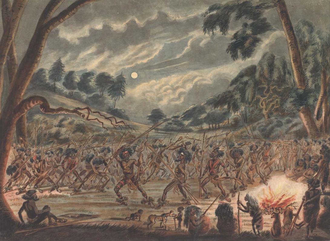 Artwork Native corroboree this artwork made of Watercolour and gouache over pencil on wove paper on cardboard, created in 1850-01-01