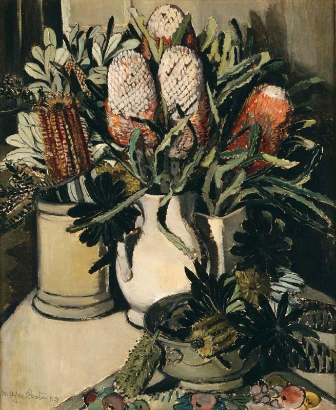 Artwork NSW and West Australian banksia this artwork made of Oil on canvas, created in 1929-01-01