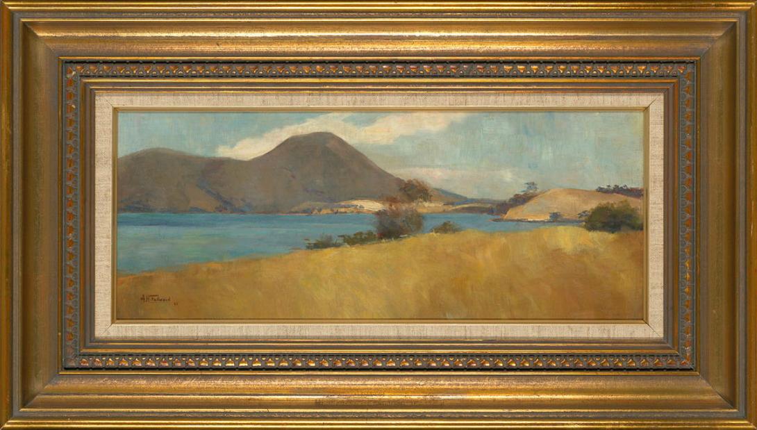 Artwork Tasmanian landscape this artwork made of Oil on wood, created in 1892-01-01
