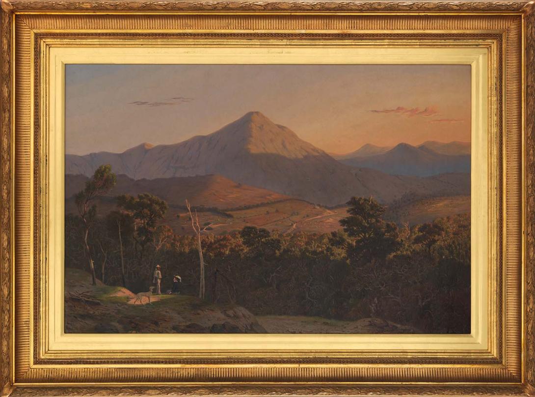 Artwork Sunset scene in the vicinity of Mt Cathedral with Mts Mundy, Riddle and Juliet in the distance this artwork made of Oil on canvas, created in 1877-01-01