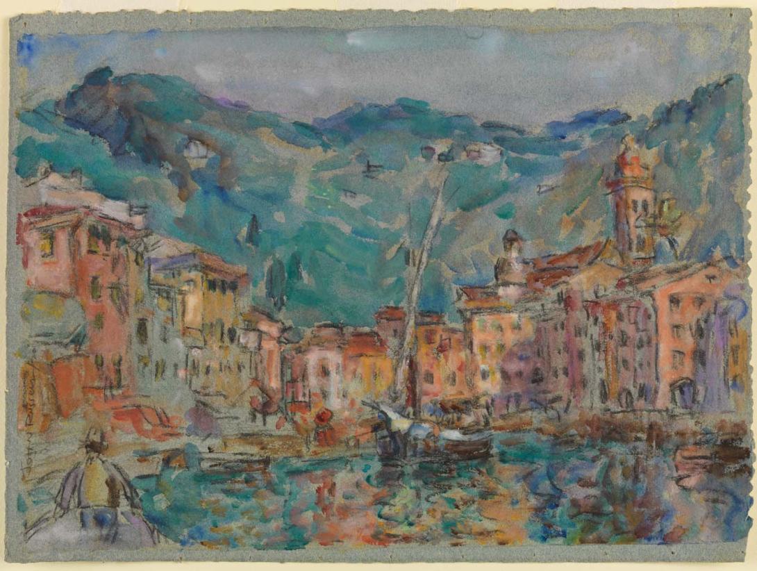 Artwork Portofino Harbour this artwork made of Watercolour and charcoal on blue wove paper, created in 1920-01-01