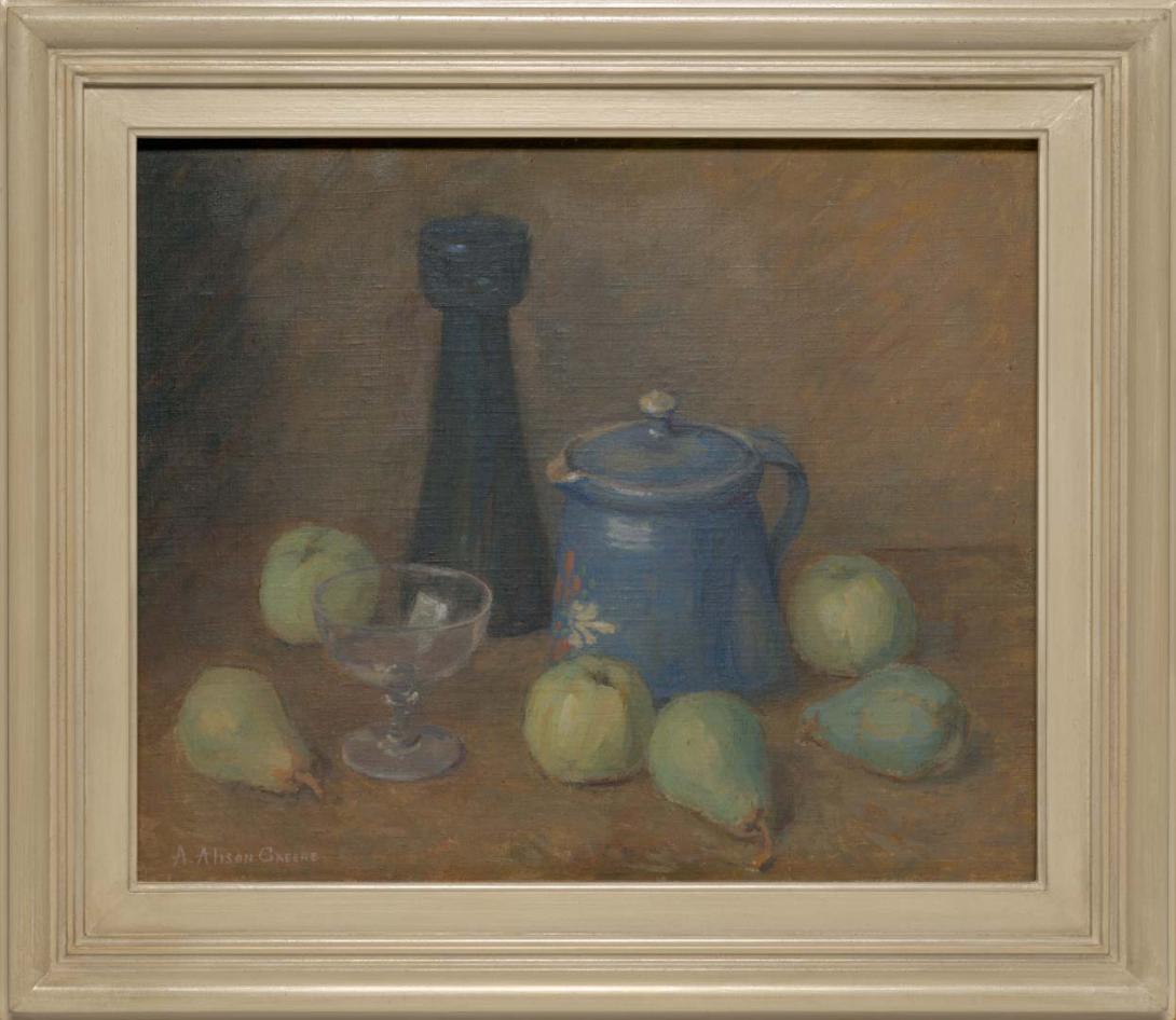 Artwork Still life with apples and pears this artwork made of Oil on canvas on composition board