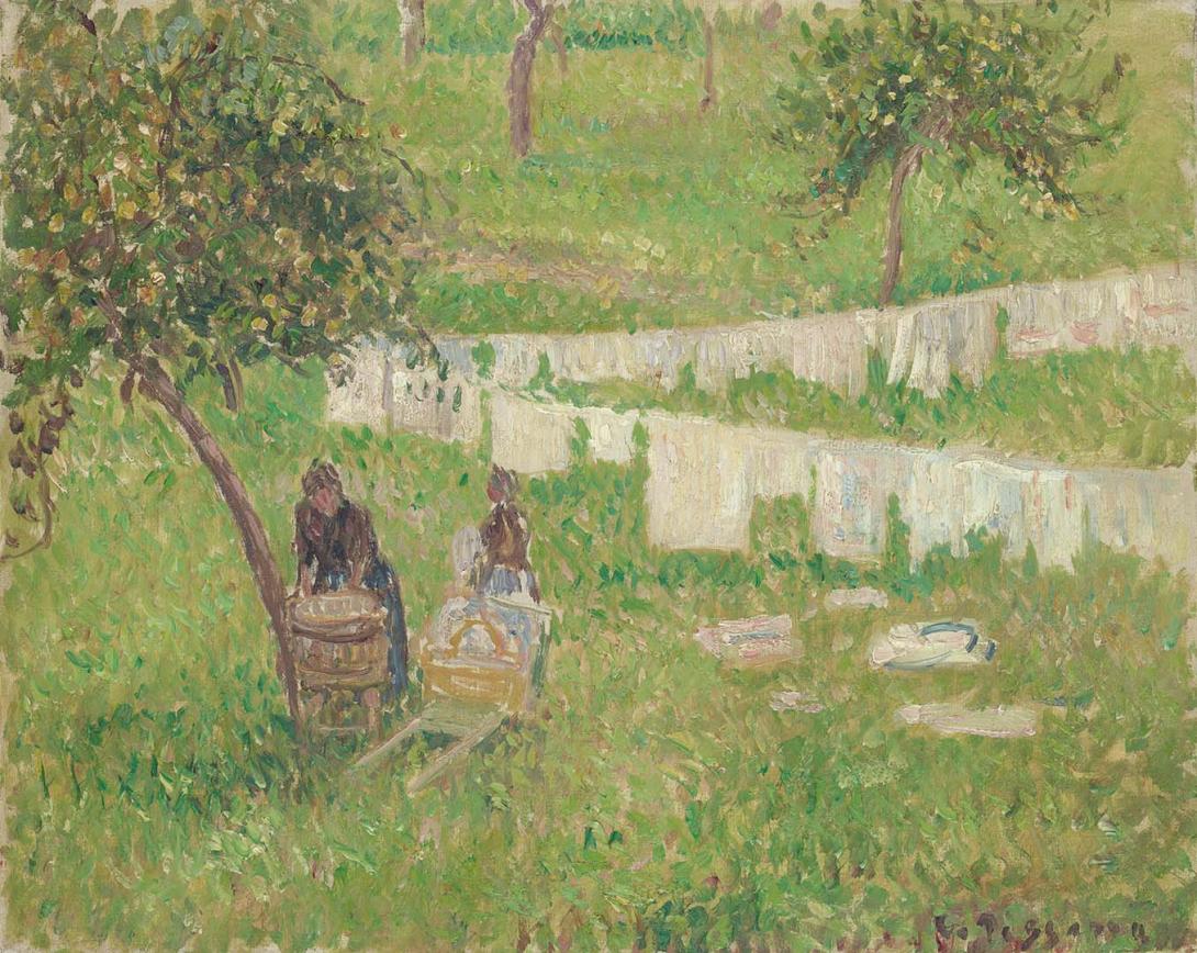 Artwork La lessive à Éragny (Washing day at Éragny ) this artwork made of Oil on canvas, created in 1901-01-01