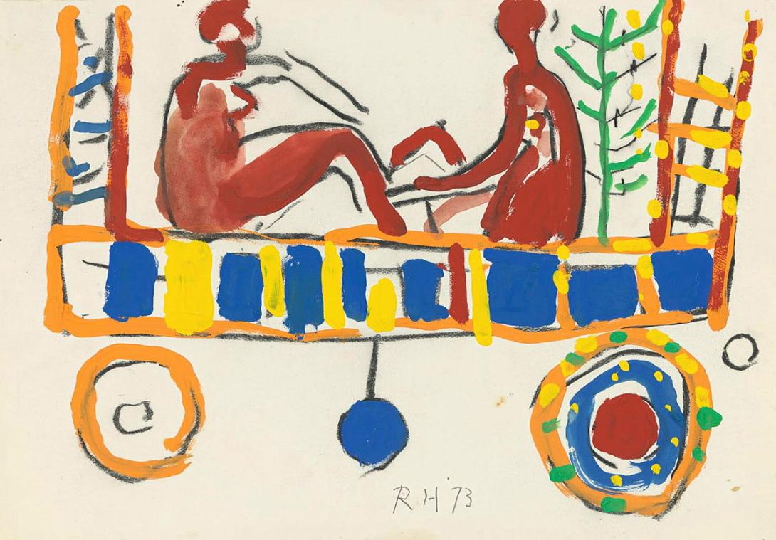 Artwork Figures in a cart this artwork made of Gouache and charcoal on wove paper, created in 1973-01-01