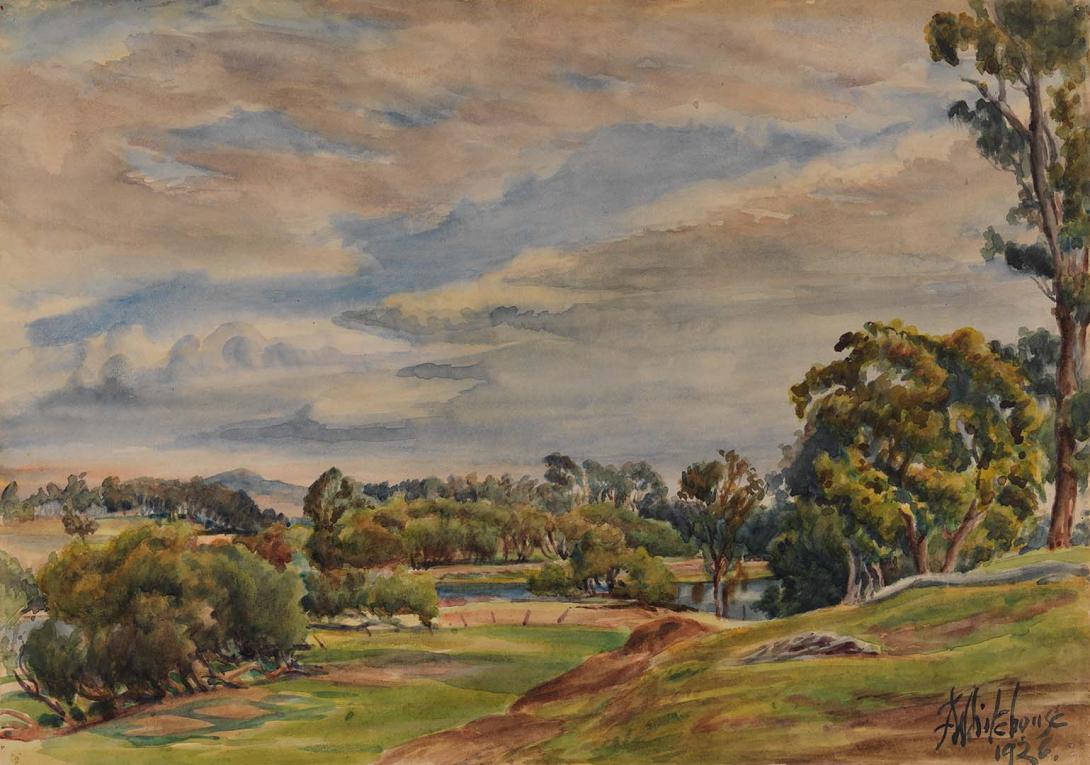 Artwork (Landscape with Brisbane River) this artwork made of Watercolour on wove paper, created in 1926-01-01