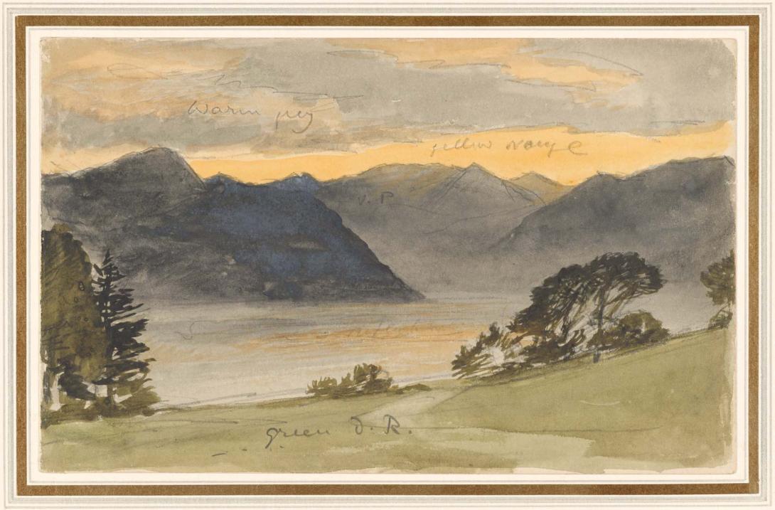 Artwork (Lake landscape, Crummock) this artwork made of Watercolour over pencil on wove paper on card cut to expose verso, created in 1865-01-01