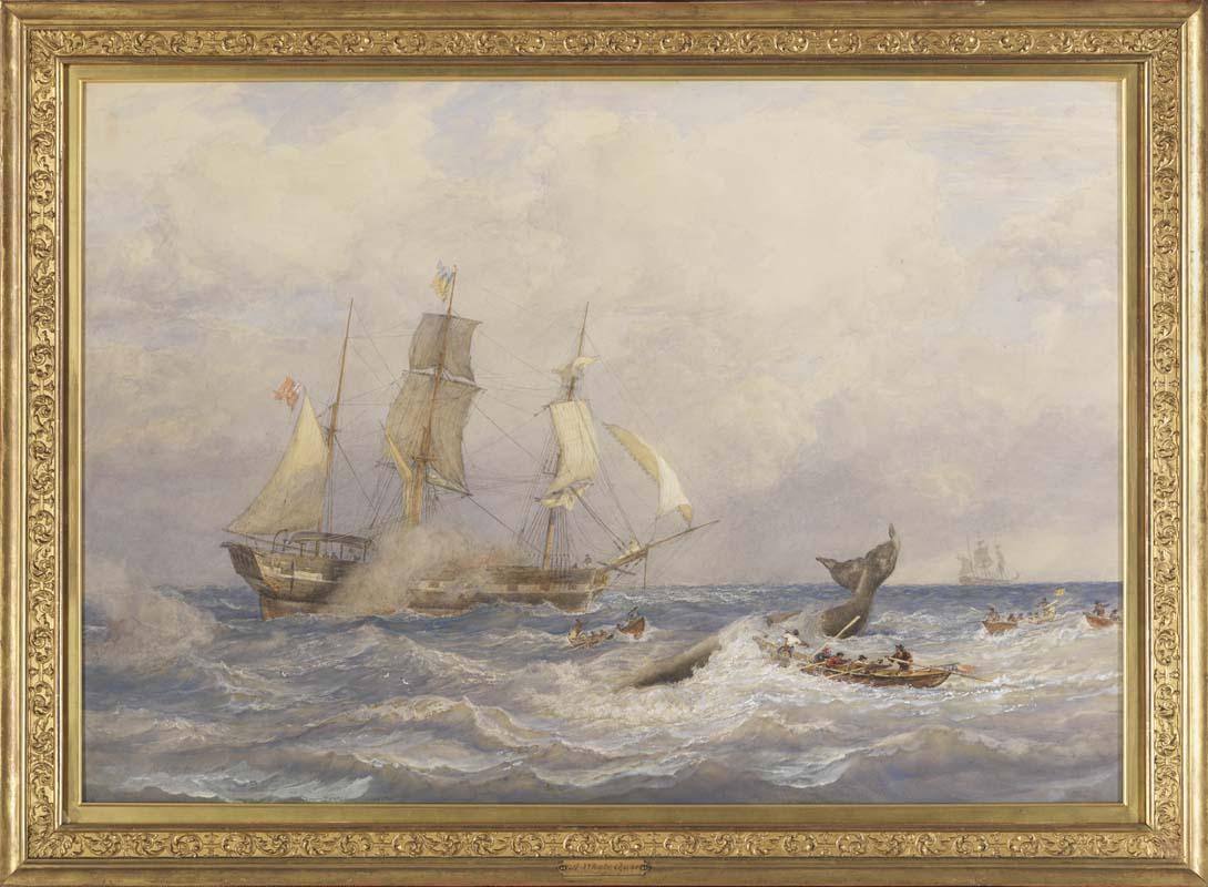 Artwork A south sea whale chase this artwork made of Watercolour over pencil on wove paper mounted on wood, created in 1885-01-01