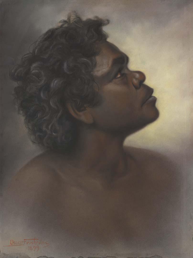 Artwork Head of an Aboriginal woman this artwork made of Pastel on composition board, created in 1899-01-01