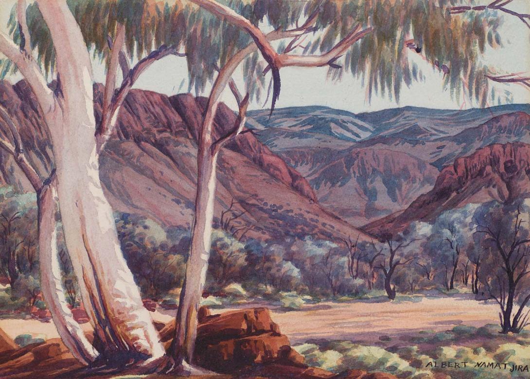 Artwork Fenns Gap, MacDonnell Ranges this artwork made of Watercolour over pencil on smooth wove paper on cardboard, created in 1936-01-01