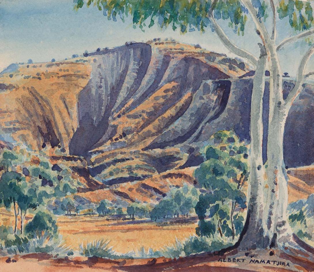 Artwork Mt Hermannsburg, James Range this artwork made of Watercolour over pencil on thin cream wove paper, created in 1944-01-01