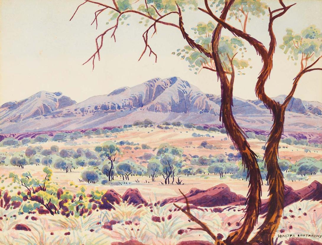 Artwork Corkwood tree on fringe of mulga, Central Australia this artwork made of Watercolour over pencil on smooth cream wove paper, created in 1955-01-01