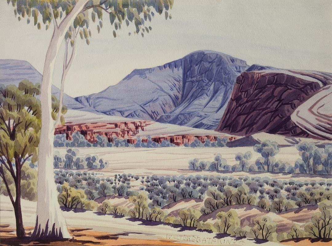 Artwork (Ghost gums and mountain range) this artwork made of Watercolour over pencil on smooth cream wove paper, created in 1955-01-01