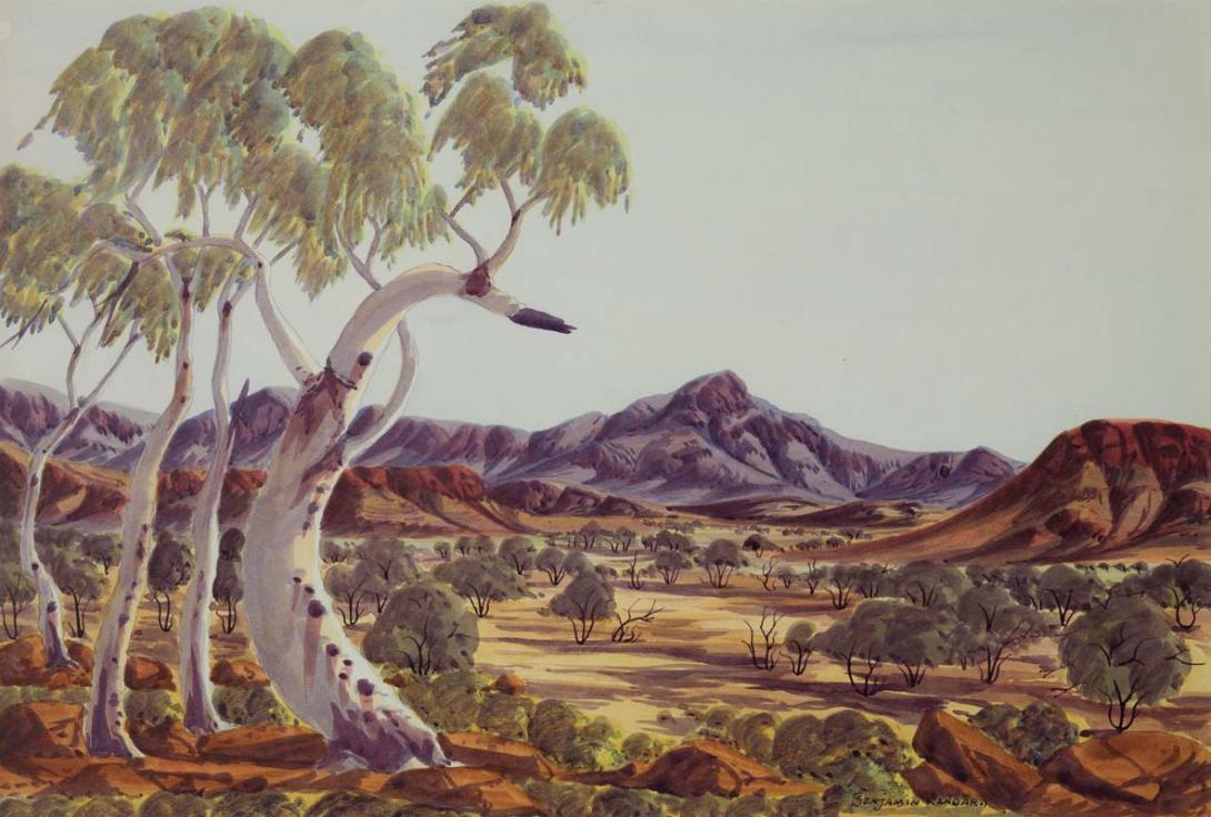 Artwork Ghost gums, MacDonnell Ranges this artwork made of Watercolour over pencil on smooth wove paper on paperboard, created in 1955-01-01