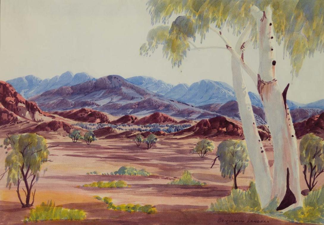 Artwork Ghost gums and mountain range this artwork made of Watercolour over pencil on smooth wove paper on paperboard, created in 1955-01-01