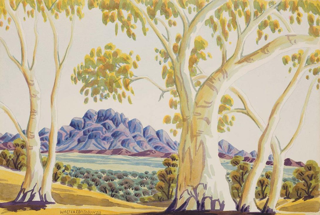 Artwork (Ghost gums and mountain) this artwork made of Watercolour over pencil on smooth cream wove paper, created in 1955-01-01