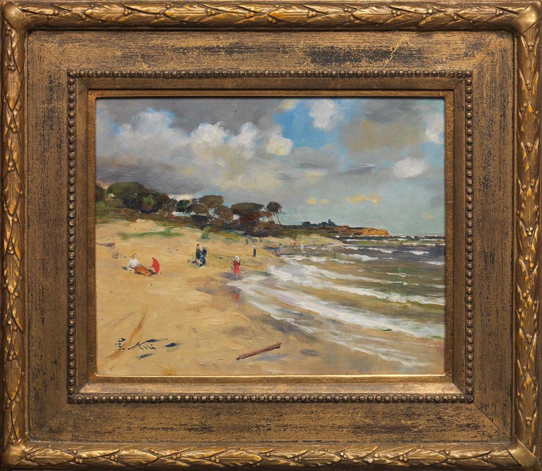 Artwork Beach scene, Black Rock this artwork made of Oil on card on thin cardboard, created in 1878-01-01