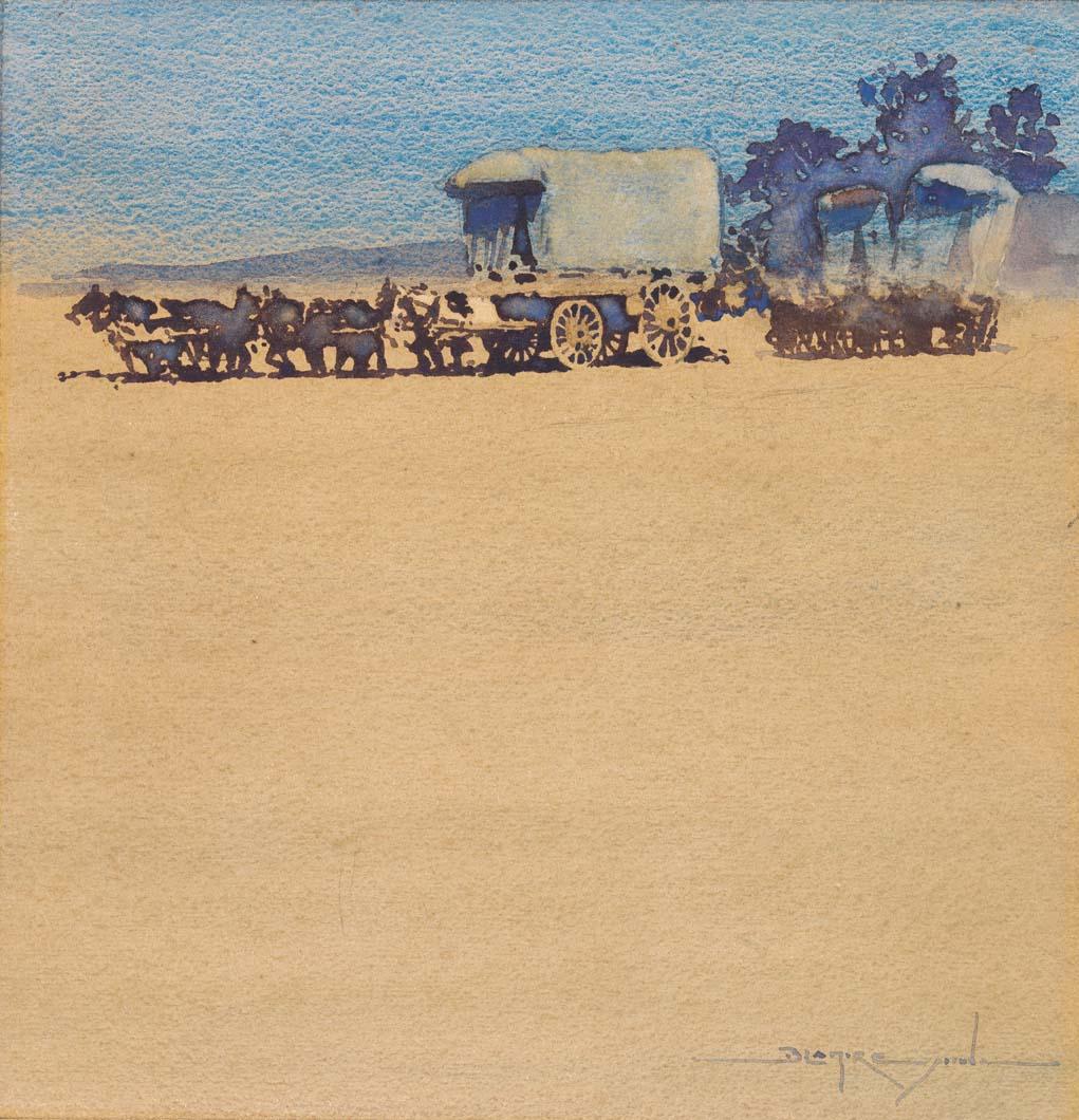 Artwork (Mule train) this artwork made of Watercolour on wove watercolour paper on cardboard, created in 1896-01-01