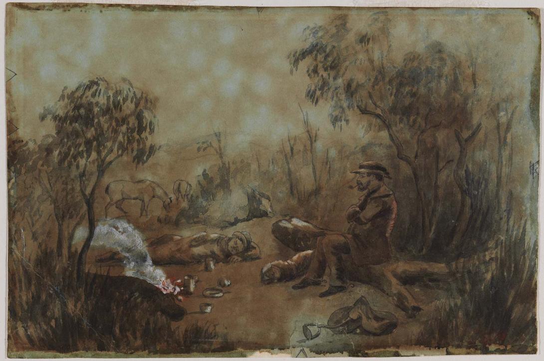 Artwork Around the campfire this artwork made of Watercolour heightened with red ink and touches of opaque white over pencil on cardboard